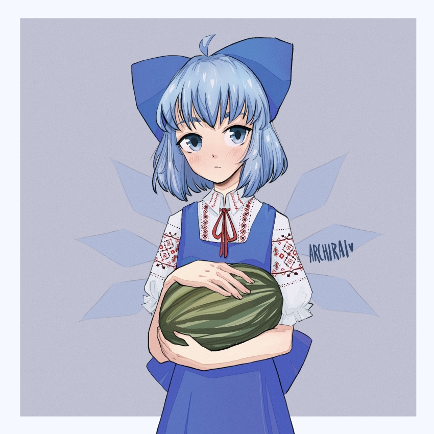 1girl adapted_costume archirai back_bow blue_background blue_bow blue_dress blue_eyes blue_hair blush bow cirno closed_mouth collared_shirt commentary detached_wings dress english_commentary food frilled_sleeves frills fruit hair_bow head_tilt highres holding holding_food holding_fruit holding_watermelon looking_at_viewer neck_ribbon pinafore_dress print_shirt puffy_short_sleeves puffy_sleeves red_ribbon ribbon shirt short_sleeves simple_background sleeveless sleeveless_dress solo touhou ukraine vyshyvanka watermelon white_shirt wings