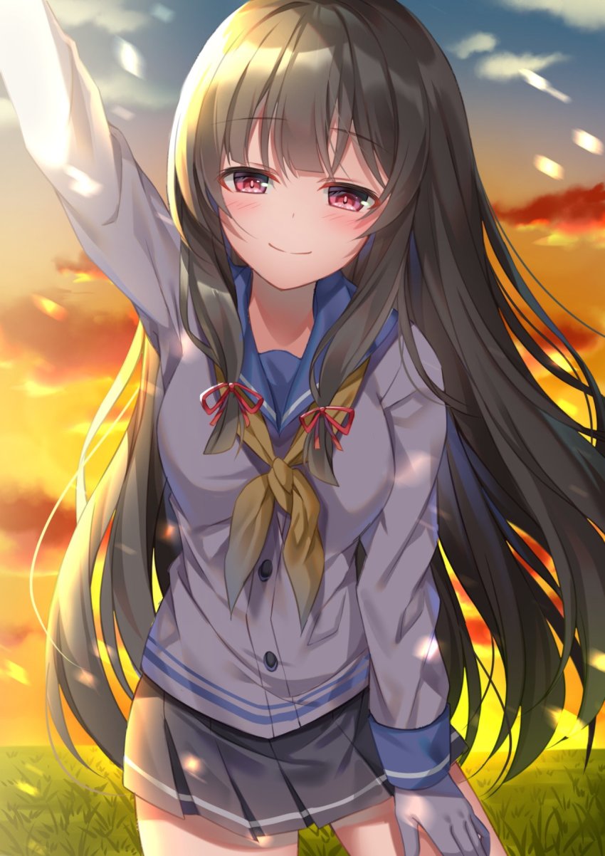 1girl black_hair black_skirt female_focus gloves hair_ribbon highres isokaze_(kancolle) kantai_collection long_hair long_sleeves looking_at_viewer neckerchief pleated_skirt red_eyes ribbon school_uniform serafuku skirt smile solo sugisaki_yuu sunset tress_ribbon white_gloves yellow_neckerchief