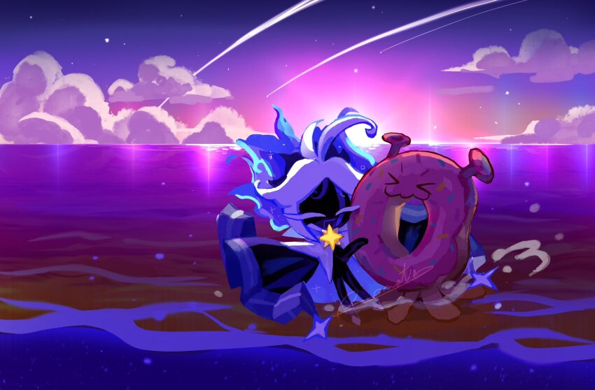 &gt;_&lt; 1boy 1other :d ^_^ antenna_hair artist_name backlighting bad_id bad_twitter_id black_bodysuit black_cape black_skin blue_hair bodysuit brooch cape cheek-to-cheek closed_eyes cloud colored_skin cookie_run cookie_run:_kingdom creature donut food full_body gradient_sky heads_together highres inactive_account jewelry leaning_back multicolored_hair ocean open_mouth outdoors parted_bangs pink_sky purple_cape purple_sky rn9j shoes short_hair sky smile space_doughnut sparkle sprinkles standing star_brooch stardust_cookie two-sided_cape two-sided_fabric two-tone_hair white_hair white_shoes yellow_brooch
