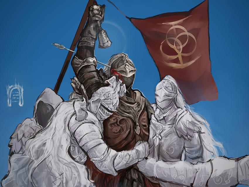 1boy 1girl 2024_attempted_assassination_of_donald_trump 2others absurdres ambiguous_gender arm_up armor arrow_(projectile) arrow_in_body arrow_in_head banished_knight bell black_knife_tiche bloody_wolf_(elden_ring) blue_background commentary couter covered_face elden_ring elden_ring_(object) english_commentary flag fur_trim gauntlets helm helmet highres holding holding_bell hood hood_up hug luo_ta_(user_ywpn7542) meme mimic_tear_(elden_ring) multiple_others object_through_head photo-referenced pole red_flag surrounded tarnished_(elden_ring) visor_(armor)