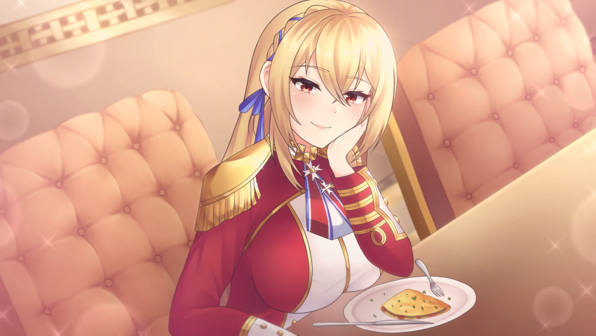 1girl absurdres aiguillette azur_lane blonde_hair blue_ribbon braid butter_knife chair commentary commission crossed_bangs cutlery elbow_rest english_commentary epaulettes food fork hair_ribbon hand_on_own_cheek hand_on_own_face head_rest highres indoors jacket king_george_v_(azur_lane) lens_flare long_hair long_sleeves medal omelet pumpkinpaii red_eyes red_jacket ribbon ribbon_braid shirt side_braid single_braid sitting smile solo table white_shirt