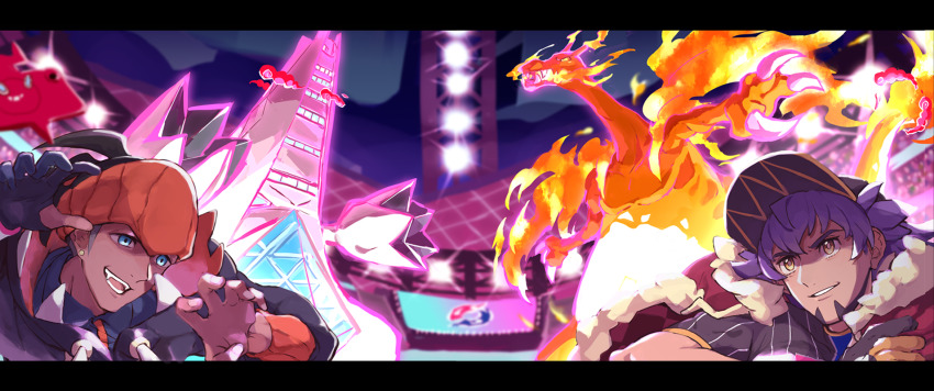 2boys baseball_cap black_hair black_hoodie cape champion_uniform chikiso collared_shirt commentary_request dark-skinned_male dark_skin duraludon earrings facial_hair fur-trimmed_cape fur_trim gen_4_pokemon gen_8_pokemon gigantamax gigantamax_duraludon gloves hands_up hat headband highres hood hoodie jewelry leon_(pokemon) letterboxed light long_hair male_focus multiple_boys nintendo open_mouth orange_headband parted_lips partially_fingerless_gloves pokemon pokemon_(creature) pokemon_swsh purple_hair raihan_(pokemon) red_cape rotom rotom_phone shirt short_hair short_sleeves single_glove smile stadium teeth tongue undercut yellow_eyes