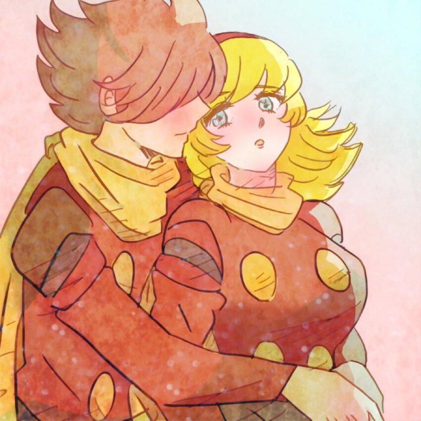 1boy 1girl blonde_hair blue_eyes breasts brown_hair couple cyborg cyborg_009 francoise_arnoul hair_over_eyes hairband large_breasts long_hair looking_at_another open_mouth sariokisu scarf shimamura_joe short_hair upper_body