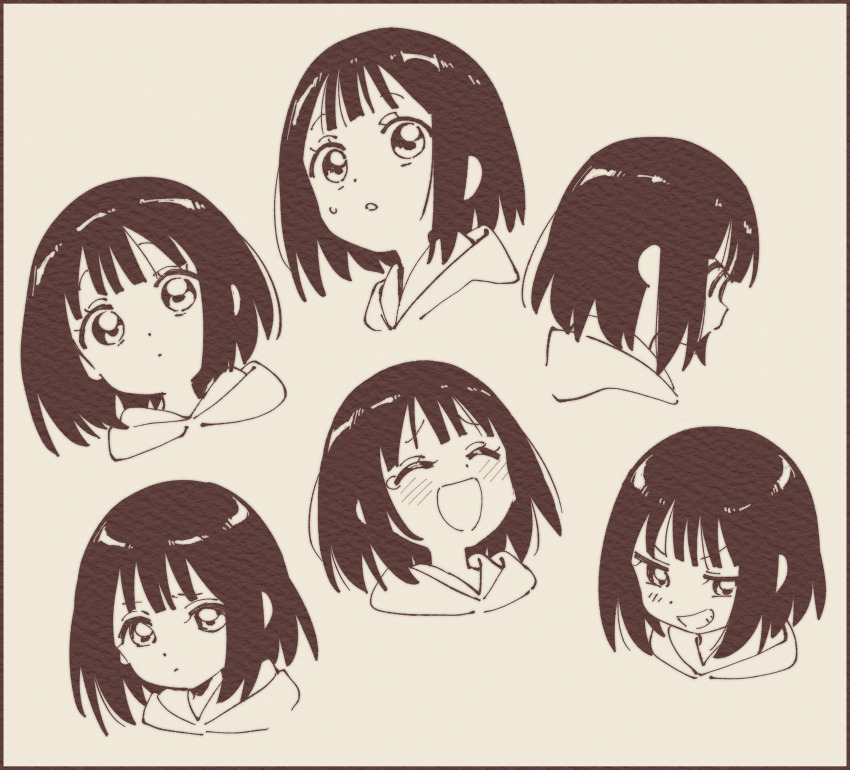 1girl absurdres black_border black_eyes black_hair blush bob_cut border closed_eyes closed_mouth from_side grey_background greyscale grin highres hood hoodie light_frown looking_at_viewer looking_down monochrome multiple_views namori open_mouth original paper_texture raised_eyebrows short_hair smile smug sweatdrop teardrop v-shaped_eyebrows
