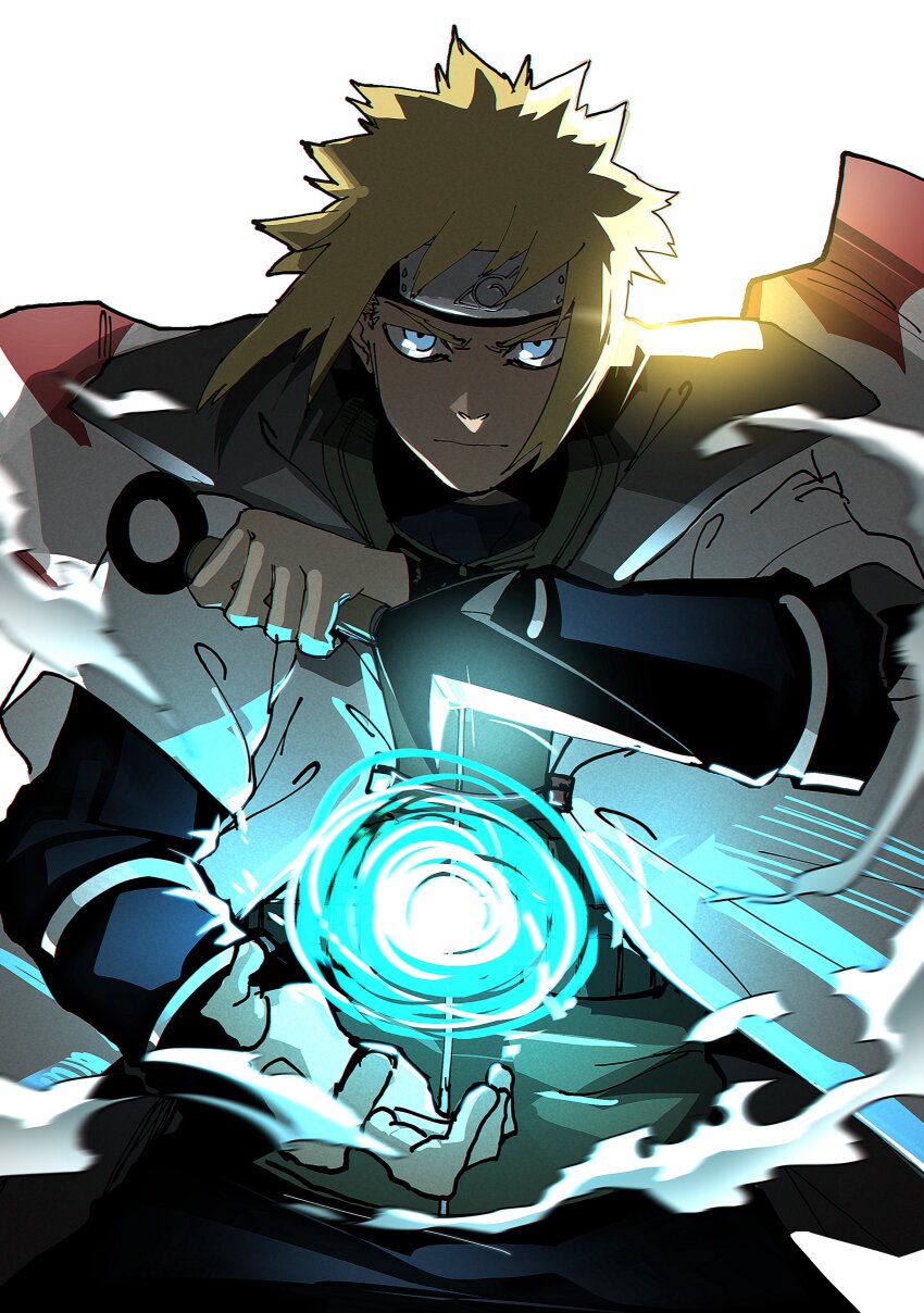 1boy absurdres black_pants blonde_hair blue_eyes closed_mouth coat cowboy_shot flak_jacket floating_clothes forehead_protector hand_up high_collar highres hokage holding holding_kunai holding_weapon isaacchief300 jacket konohagakure_symbol kunai layered_sleeves long_sleeves male_focus namikaze_minato naruto_(classic) naruto_(series) open_hand overexposure pants rasengan reverse_grip short_hair sidelocks smoke solo spiked_hair straight_hair v-shaped_eyebrows weapon white_coat