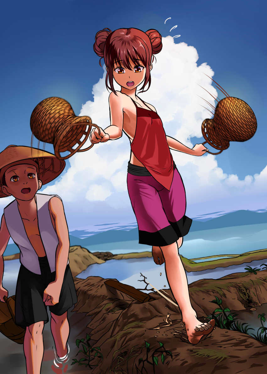 1boy 1girl bad_id bad_pixiv_id bare_shoulders barefoot basket brown_eyes brown_hair bucket chinese_clothes cloud collarbone day dirty dirty_feet double_bun dudou feet hat highres mud ocean open_mouth original outdoors short_hair shorts sky toes vest water yewang19