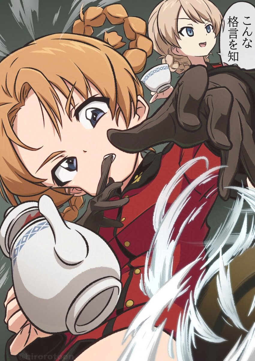 2girls black_gloves blonde_hair blue_eyes braid catchphrase commentary cup darjeeling_(girls_und_panzer) ehirorotoon frown girls_und_panzer glove_in_mouth gloves highres holding holding_cup holding_teapot jacket long_sleeves military_uniform mouth_hold multiple_girls open_mouth orange_hair orange_pekoe_(girls_und_panzer) parted_bangs red_jacket short_hair smile st._gloriana&#039;s_military_uniform teacup teapot translated twin_braids wind
