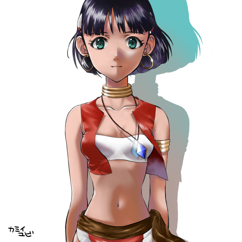 1girl :| armlet arms_at_sides artist_name bandeau bare_shoulders belt blue_gemstone bob_cut breasts brown_belt brown_sash closed_mouth collarbone commentary cropped_vest dark-skinned_female dark_skin drop_shadow earrings expressionless eyelashes floating_clothes floating_hair floating_neckwear fushigi_no_umi_no_nadia gem gold_earrings gradient_shadow green_eyes hair_ornament hairclip highres hoop_earrings jewelry looking_at_viewer medium_breasts midriff nadia_la_arwall navel neck_ring necklace open_clothes open_vest pelvic_curtain pendant purple_hair red_skirt red_vest short_hair signature simple_background skirt sleeveless solo standing straight-on strapless translated tube_top upper_body vest white_background white_bandeau wind yubi_kamii
