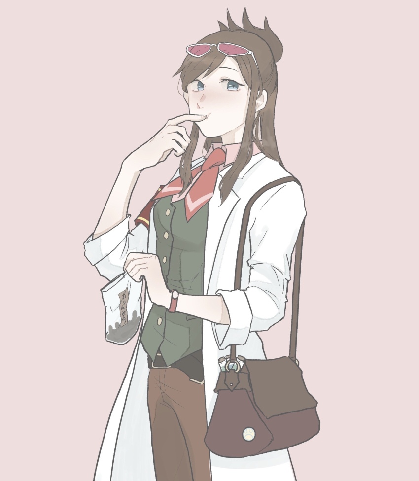 1girl ace_attorney bad_id bad_pixiv_id bag blue_eyes bowtie brown_hair brown_pants eating ema_skye green_vest highres lab_coat pants pink_glasses red_bow red_bowtie solo solo_focus vest