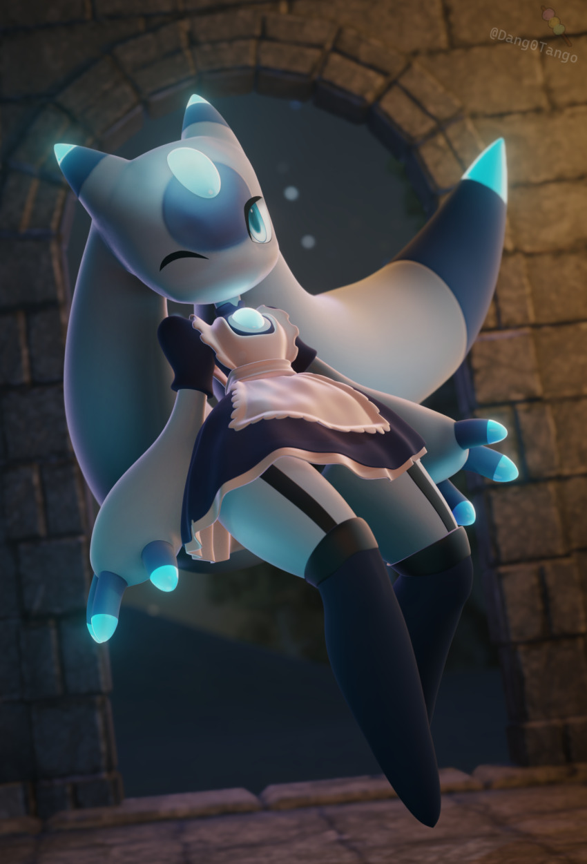 1girl alternate_costume animal_ears apron artist_logo artist_name black_dress black_panties blue_eyes blue_gemstone blue_horns blue_skin breasts chest_jewel cleavage colored_skin dang0tango dress fewer_digits flying forehead_jewel frilled_apron frilled_dress frills gem highres horns logo looking_at_viewer lunaris_(palworld) maid maid_apron multicolored_horns multicolored_skin no_mouth one_eye_closed oversized_forearms oversized_limbs pal_(creature) palworld panties pantyshot short_sleeves signature skirt solo suspenders thighhighs twintails underwear white_apron white_horns
