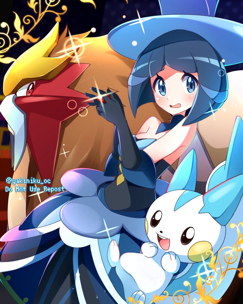 1girl absurdres bare_shoulders battle_chatelaine black_gloves black_pantyhose blue_dress blue_eyes blue_hair blue_headwear blush commentary_request detached_collar dress elbow_gloves entei evelyn_(pokemon) eyelashes gen_2_pokemon gen_4_pokemon glint gloves hands_up hat highres holding holding_poke_ball legendary_pokemon looking_at_viewer medium_hair miyama_(yakinikusushi_the_royal) nintendo open_mouth pachirisu pantyhose poke_ball pokemon pokemon_(creature) pokemon_xy sparkle strapless strapless_dress tongue top_hat twitter_username