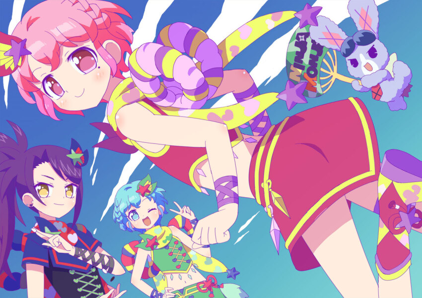 1boy 1girl 2girls bare_shoulders black_shirt blue_eyes blue_hair blue_sky braid brother_and_sister closed_mouth cloud commentary_request crossdressing dorothy_west dutch_angle eyewear_on_head green_shirt green_skirt hand_fan hand_on_own_hip hand_up holding holding_fan idol_clothes ku_(residual666) long_hair looking_at_viewer looking_back midriff mole mole_under_eye multiple_girls ninja one_eye_closed open_mouth paper_fan pink_eyes pink_hair pretty_series pripara purple_hair red_shirt red_skirt reona_west sandals scarf shirt short_hair siblings side_braid side_ponytail skirt sky smile standing standing_on_one_leg stuffed_animal stuffed_rabbit stuffed_toy sunglasses toudou_shion trap twins uchiwa usagi_(pripara) v yellow_eyes