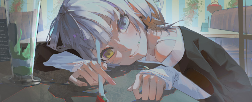 :3 absurdres bang_dream! bang_dream!_it&#039;s_mygo!!!!! blue_eyes cafe earrings eating food food_on_face head_on_hand head_on_table heterochromia highres holding holding_spoon jewelry jinj0121 kaname_raana matcha_(food) mygo!!!!!_(bang_dream!) short_hair sitting spoon white_hair wide_shot yellow_eyes