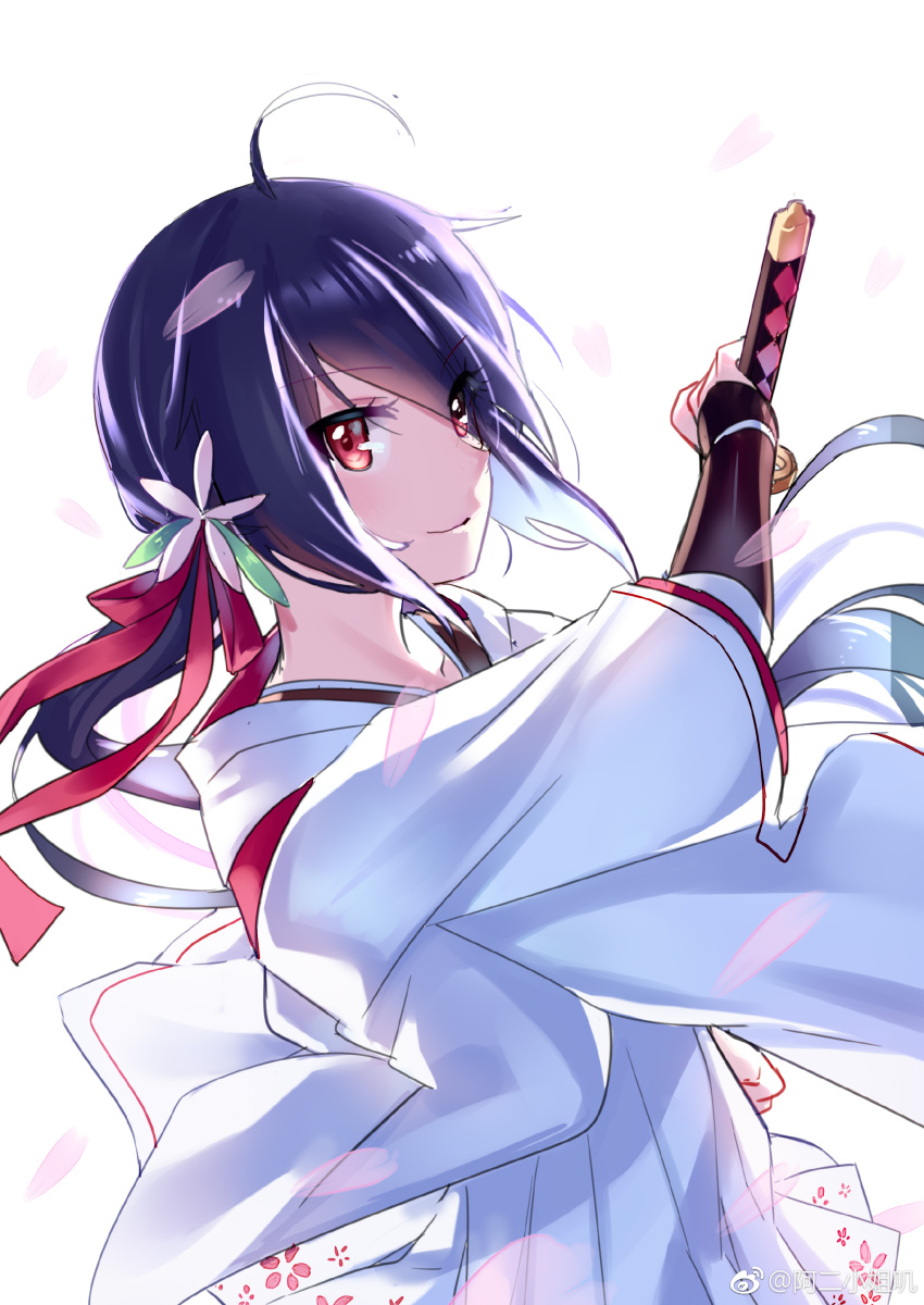 1girl absurdres aer_(tengqiu) ahoge black_hair bridal_gauntlets closed_mouth flower furutaka_(warship_girls_r) hair_flower hair_ornament hair_ribbon highres holding holding_sword holding_weapon japanese_clothes katana kimono long_hair long_sleeves looking_at_viewer low_ponytail petals ponytail red_eyes red_ribbon ribbon sheath simple_background skirt smile solo sword tachi_(weapon) warship_girls_r watermark weapon weibo_watermark white_background wide_sleeves