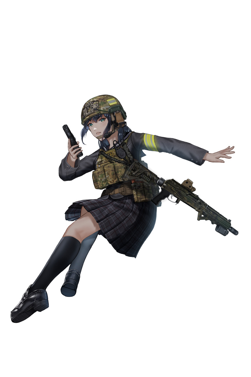 1girl absurdres armband assault_rifle black_hair black_sailor_collar black_serafuku black_shoes black_skirt black_socks camouflage_vest combat_helmet fast_helmet full_body green_armband green_eyes gun handgun helmet highres holding holding_gun holding_weapon hongsir kneehighs load_bearing_vest loafers long_hair long_sleeves looking_at_viewer military original plaid_clothes plaid_skirt pouch rifle sailor_collar school_uniform serafuku shoes skirt socks tactical_school_uniform transparent_background very_long_hair walkie-talkie weapon