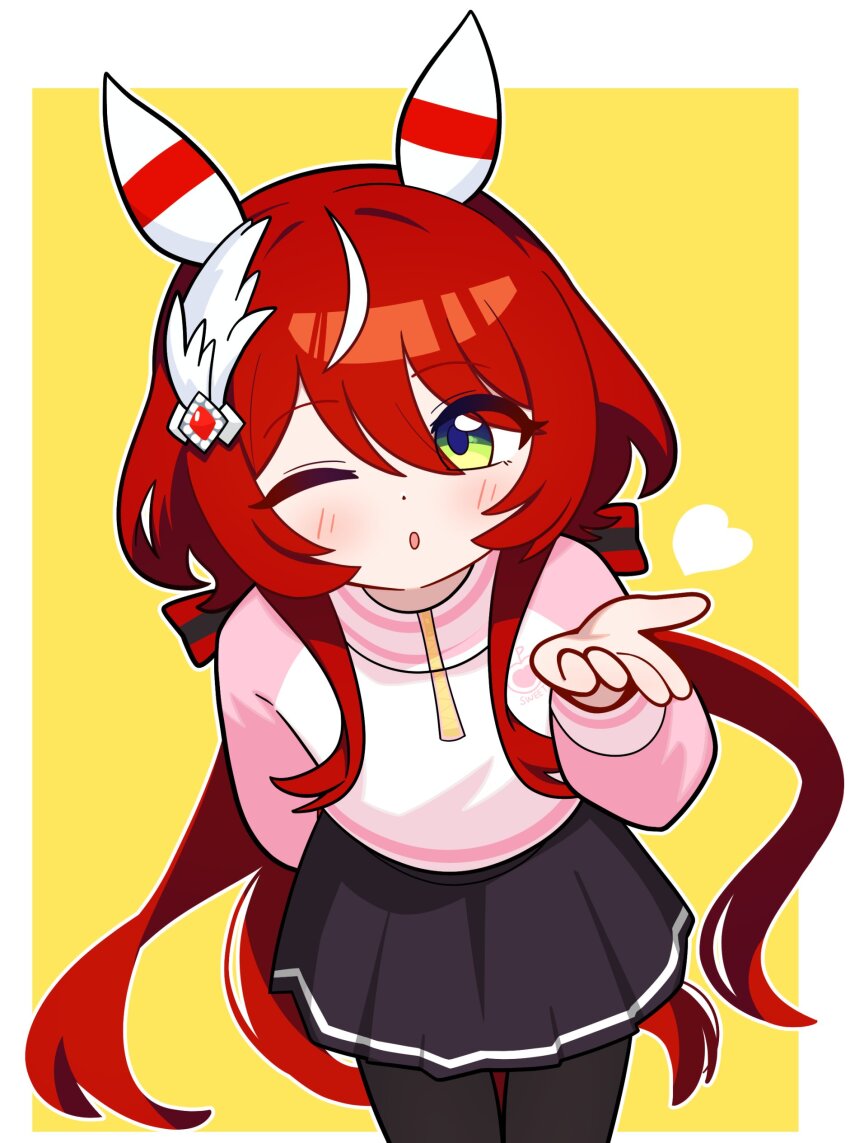 1girl :o absurdres animal_ears black_pantyhose black_skirt blowing_kiss blush bow dot_nose ear_covers feather_hair_ornament feathers green_eyes hair_bow hair_ornament heart highres horse_ears horse_girl horse_tail jorang_(jorang08) leaning_forward long_hair long_sleeves looking_at_viewer multicolored_hair one_eye_closed outline pantyhose pink_shirt red_hair shirt simple_background skirt solo standing streaked_hair tail umamusume white_outline win_variation_(umamusume)