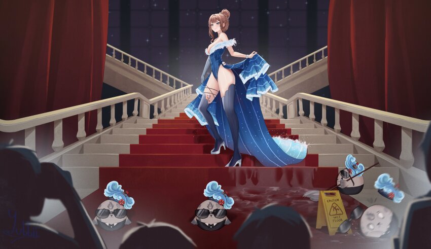 absurdres blue_dress blue_eyes blue_stockings bracelet brown_hair captain dress female fishing_bobber hair_bun high_heels highres jewelry lost_sailor_at_sea_(vtuber) red_carpet sailor seal stairs virtual_youtuber wet_floor wet_floor_sign yubbiidraw_(artist)