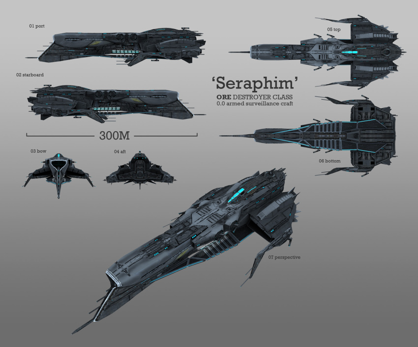 3d cannon reference_sheet commentary concept_art destroyer_(eve_online) eve_online glowing grey_background grey_theme highres lobaud military_vehicle multiple_views no_humans original outer_ring_excavations_(eve_online) science_fiction spacecraft thrusters turret vehicle_focus