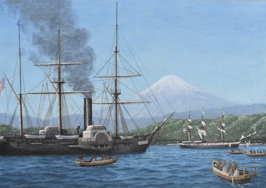 6+others absurdres acrylic_paint_(medium) american_flag atelier_bono boat commentary edo_jidai flag frigate highres historical_event japan mast military_vehicle mount_fuji multiple_others ocean original paddle_wheel painting_(medium) sail ship sky smoke smokestack traditional_media united_states_navy uss_saratoga_(1842) uss_susquehanna_(1850) warship watercraft