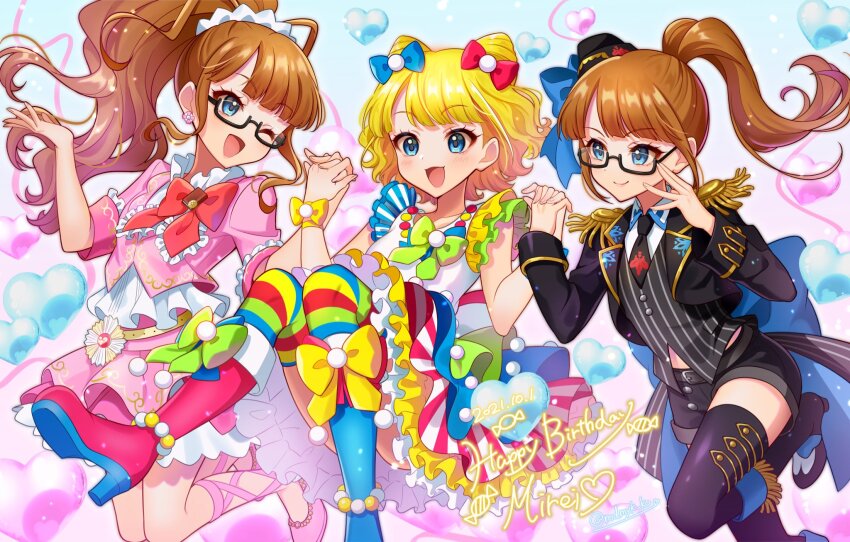 3girls :d adjusting_eyewear black-framed_eyewear black_jacket black_necktie black_shorts blonde_hair blue_bow blue_eyes blue_footwear blunt_bangs blush boots bow brown_eyes brown_hair collared_shirt commentary_request cone_hair_bun double_bun dress epaulettes frilled_dress frills full_body glasses gold_trim hair_bow hair_bun hands_up happy_birthday high_heel_boots high_heels highres holding_hands jacket jumping knee_boots long_hair long_sleeves looking_at_another mendamen minami_mirei minami_mirei_(normal) multicolored_dress multiple_girls multiple_persona necktie one_eye_closed open_mouth pink_jacket pink_skirt ponytail pretty_series pripara red_bow red_footwear semi-rimless_eyewear shirt short_hair shorts skirt smile translation_request under-rim_eyewear white_shirt