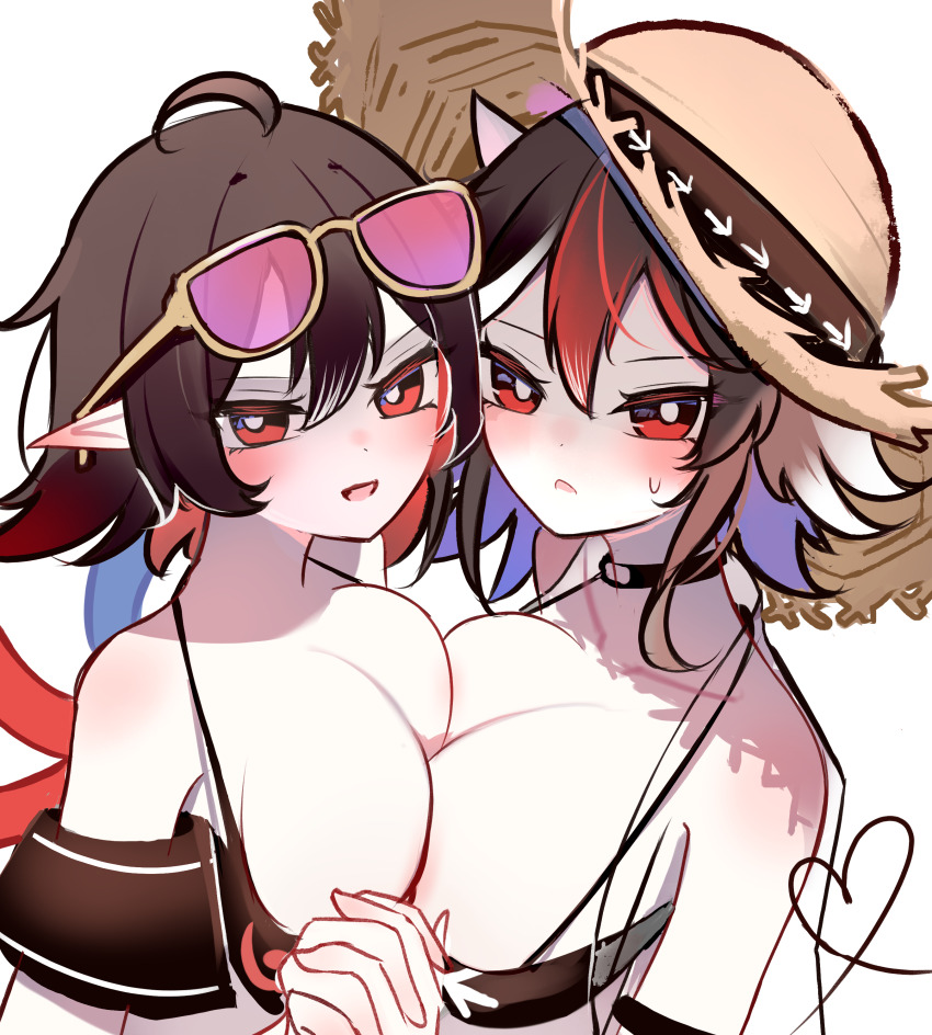 2girls absurdres areola_slip arrow_print asymmetrical_wings bikini black_bikini black_choker blush breast_press breasts bright_pupils choker collarbone colored_inner_hair commentary_request eyewear_on_head hair_between_eyes hat heart heart_of_string highres holding_hands horns houjuu_nue interlocked_fingers kijin_seija looking_at_viewer multicolored_hair multicolored_wings multiple_girls parted_lips partial_commentary pointy_ears see-through_clothes see-through_shirt shen_bi_ren_(user_rjgy2824) shirt short_hair small_sweatdrop smile straw_hat streaked_hair sunglasses swimsuit symmetrical_docking take_your_pick touhou two-tone_hair upper_body white_background white_horns white_pupils wings