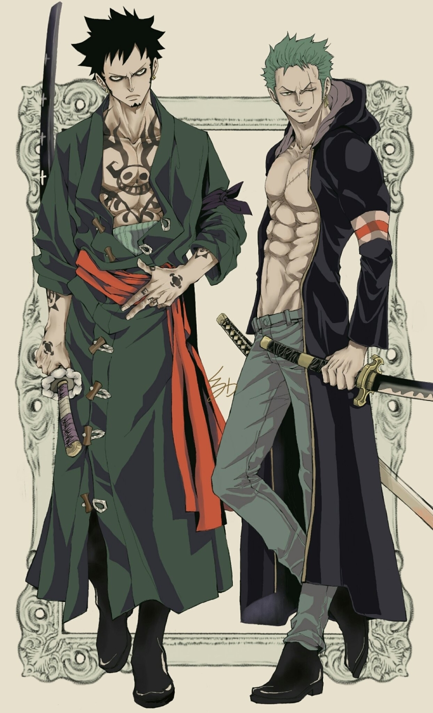 2boys black_hair commentary_request cosplay glaring green_hair highres jacket japanese_clothes kuromitsu_(erup8438) looking_to_the_side male_focus multiple_boys one_eye_closed one_piece pectoral_cleavage pectorals roronoa_zoro roronoa_zoro_(cosplay) scar scar_on_chest scar_on_face short_hair sword tattoo topless_male trafalgar_law trafalgar_law_(cosplay) weapon