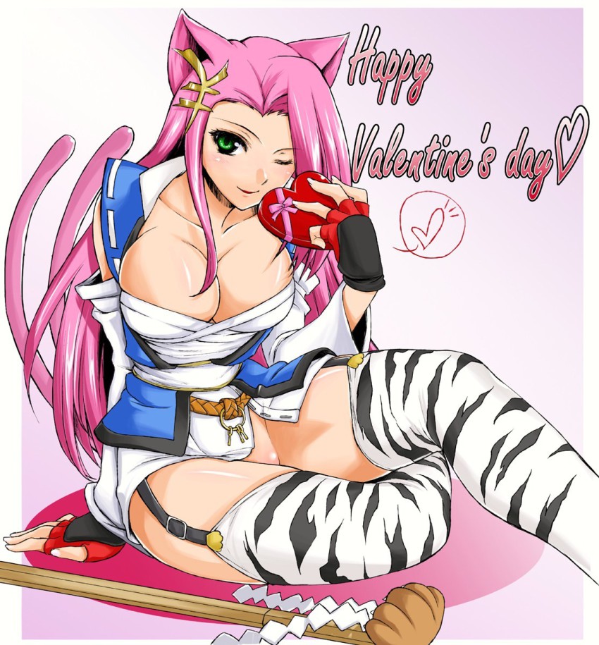 animal_ears blush breasts cleavage highres koma_(srw) misasagi_tasuku smile tail valentine wink