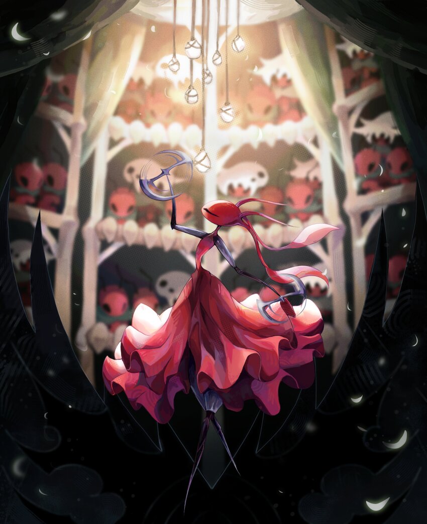 absurdres ant_girl antennae arthropod_girl closed_eyes colored_skin dress dual_wielding full_body highres holding holding_weapon hollow_knight hollow_knight:_silksong in-universe_location morretlin red_dress red_skin skarr_scout_(hollow_knight) skarrgard_(hollow_knight) skarrsinger_karmelita_(hollow_knight) solo_focus stage standing weapon