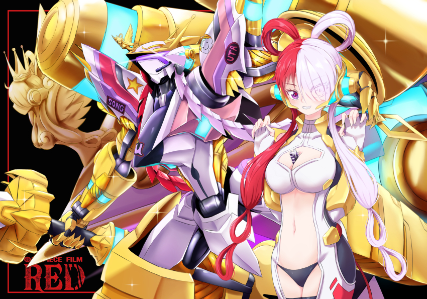 1girl between_breasts bodysuit breasts cleavage cleavage_cutout clothing_cutout dress fingerless_gloves gloves hair_over_one_eye headphones highres large_breasts long_hair mecha medium_breasts multicolored_hair navel one_piece one_piece_film:_red panties purple_eyes red_hair robot solo split-color_hair tagme two-tone_hair underwear uta_(one_piece) white_hair zerokun135