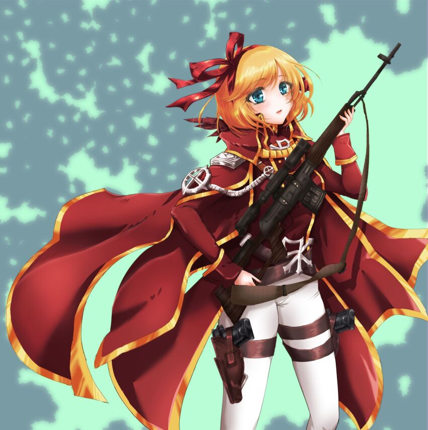 1girl belt blonde_hair blue_background blue_eyes brown_belt coat cowboy_shot emblem epaulettes expressionless gold_trim gun hair_ribbon handgun highres holding holding_gun holding_weapon holster kuma_king looking_at_viewer military_uniform open_mouth pants ragnarok_online rebellion_(ragnarok_online) red_coat red_ribbon ribbon rifle short_hair sniper_rifle solo thigh_holster weapon white_pants