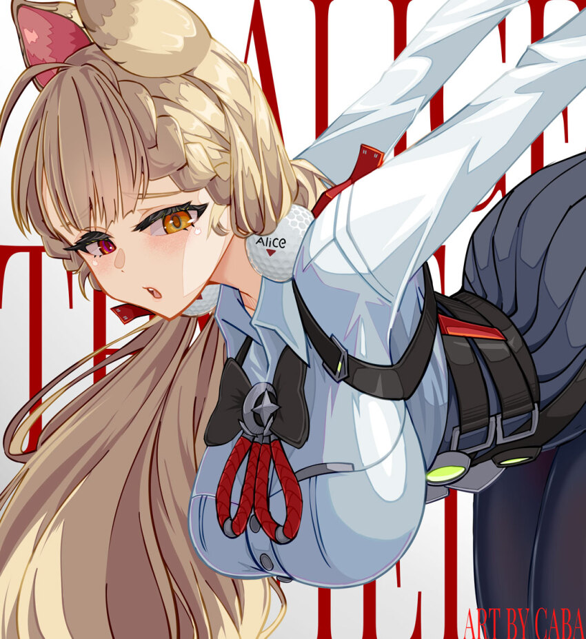 1girl ahoge alice_thymefield animal_ears bent_over black_pantyhose black_skirt blonde_hair breasts carlos_cabs character_name collared_shirt heterochromia large_breasts long_hair looking_at_viewer low_twintails open_mouth pantyhose rabbit_ears rabbit_girl red_eyes shirt skirt solo twintails very_long_hair white_shirt yellow_eyes zenless_zone_zero