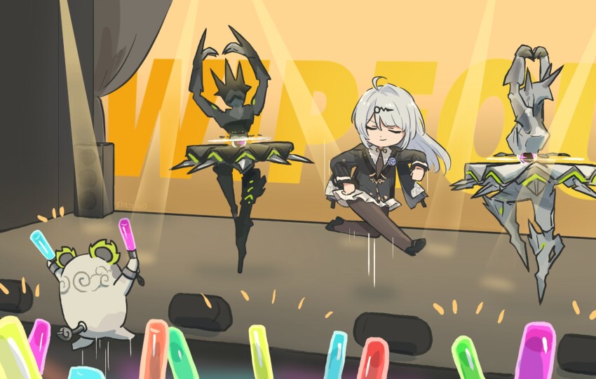 1girl ahoge bangboo_(zenless_zone_zero) chibi chibi_only closed_eyes closed_mouth dancing dress ethereal_(zenless_zone_zero) glowstick highres holding holding_glowstick jumping long_hair long_sleeves non-humanoid_robot official_alternate_costume pantyhose robot smile stage stage_lights v-shaped_eyebrows xinzoruo yixuan_(trails_of_ink)_(zenless_zone_zero) yixuan_(zenless_zone_zero) zenless_zone_zero zzz_wipeout