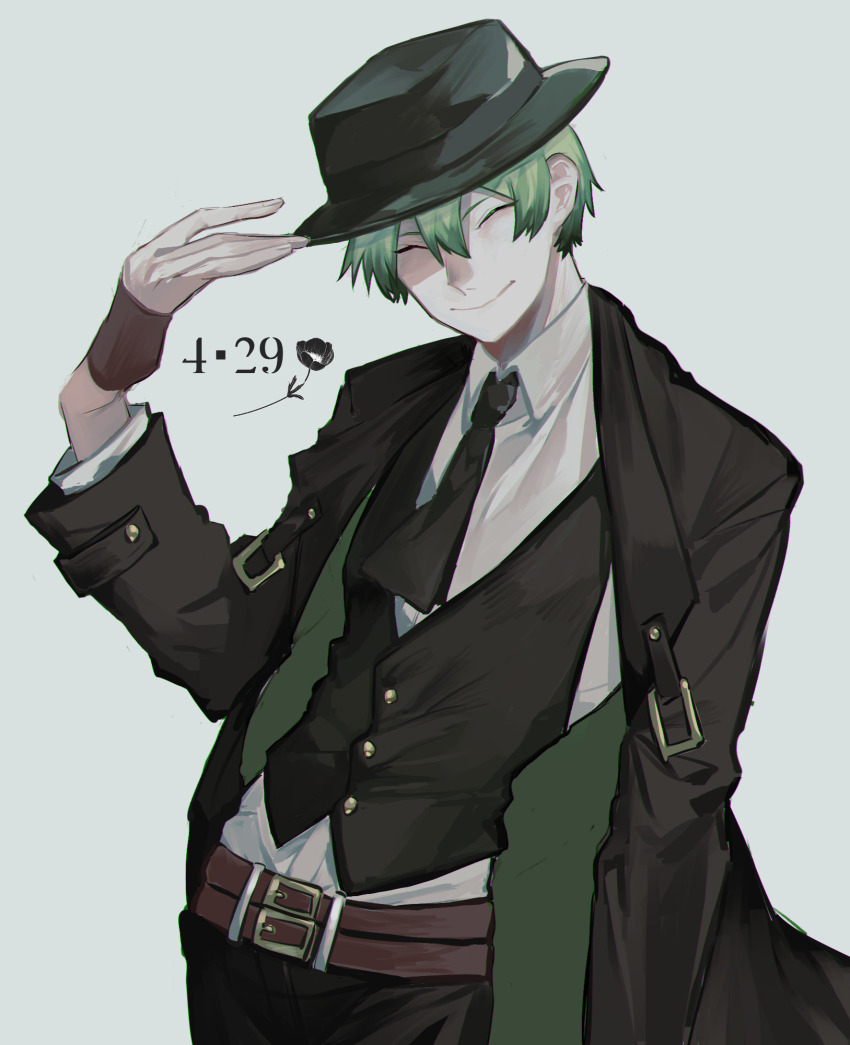 1boy ascot bad_anatomy bad_hands belt black_ascot black_coat black_hat black_vest blazblue closed_eyes coat coat_on_shoulders collared_shirt commentary_request dated fedora green_hair grey_background hat hazama highres looking_at_viewer male_focus shirt short_hair simple_background smile solo vest white_shirt yukinohito_(koutyanomitai)