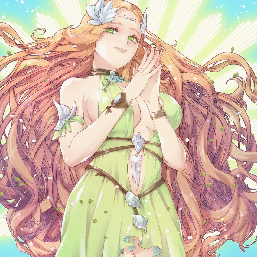 1girl bracelet breasts circlet cleavage cleavage_cutout clothing_cutout cowboy_shot detached_sleeves dress falling_leaves falling_petals final_fantasy final_fantasy_xiv fosaster_fenrir from_below green_background green_dress green_eyes hair_ornament halter_dress halterneck hands_up highres jewelry large_breasts leaf leaf_hair_ornament long_hair looking_to_the_side navel nophica orange_hair own_hands_together petals plunging_neckline sleeveless sleeveless_dress smile solo standing two-tone_background wavy_hair
