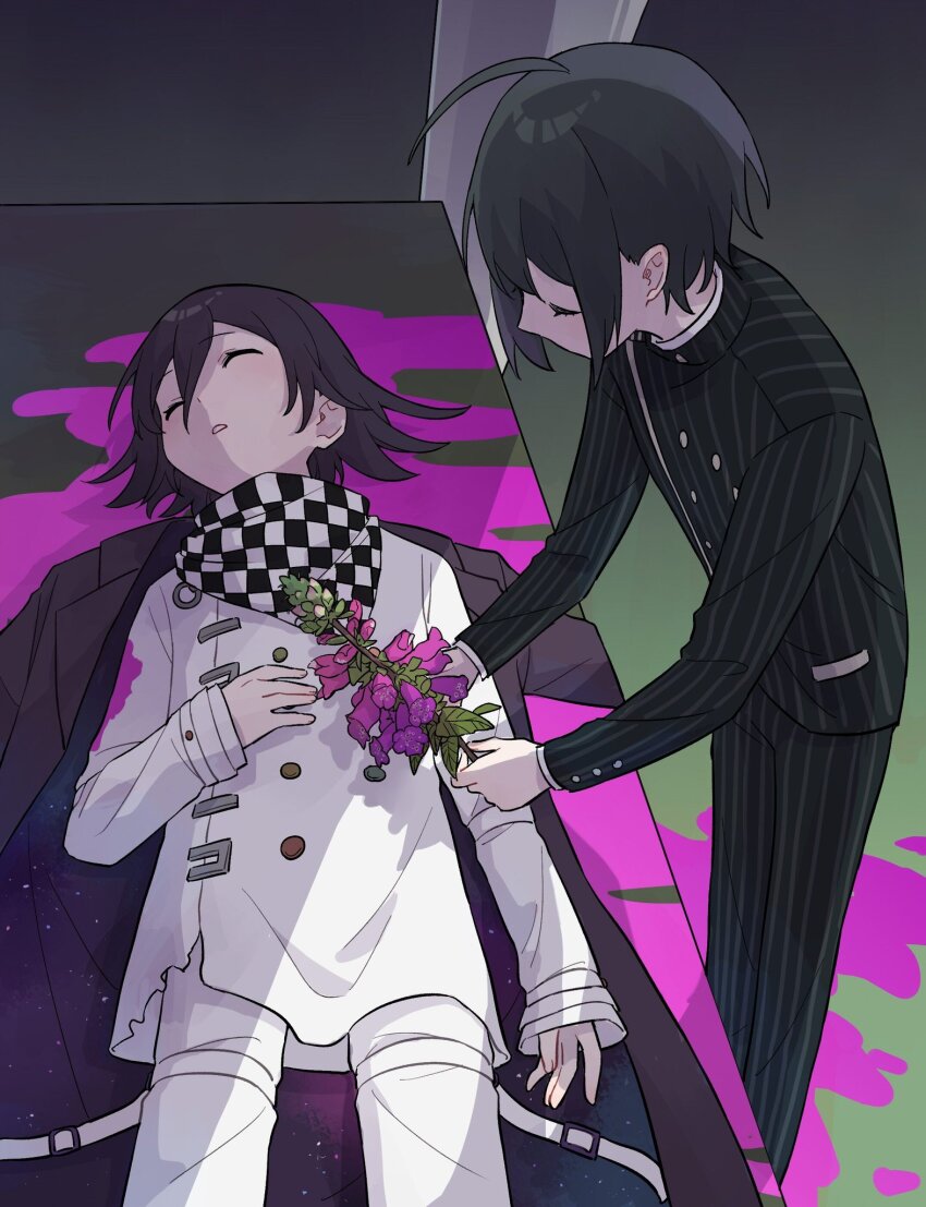 2boys ahoge arm_belt black_hair buttons checkered_clothes checkered_scarf closed_eyes danganronpa_(series) danganronpa_v3:_killing_harmony flipped_hair flower from_above hair_between_eyes hashtag-only_commentary highres holding holding_flower implied_death jacket kitano_yukiusagi leaning_forward long_sleeves lying male_focus mourning multicolored_buttons multiple_boys oma_kokichi on_back pants parted_lips pink_liquid pinstripe_jacket pinstripe_pattern purple_hair saihara_shuichi scarf short_hair spoilers standing starry_sky_print straitjacket two-tone_scarf