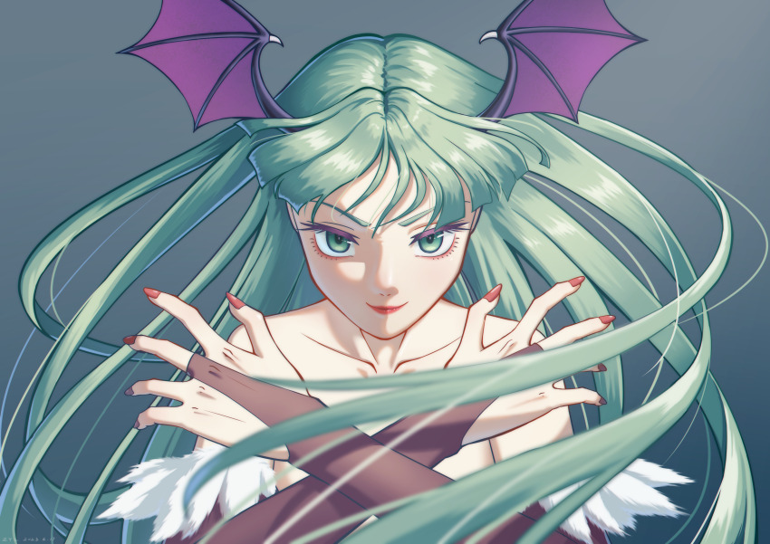 1girl absurdres bare_shoulders bridal_gauntlets collarbone darkstalkers green_eyes green_hair head_wings highres long_hair looking_at_viewer morrigan_aensland red_lips red_nails smile solo wings zyl_(pixiv_25086308)