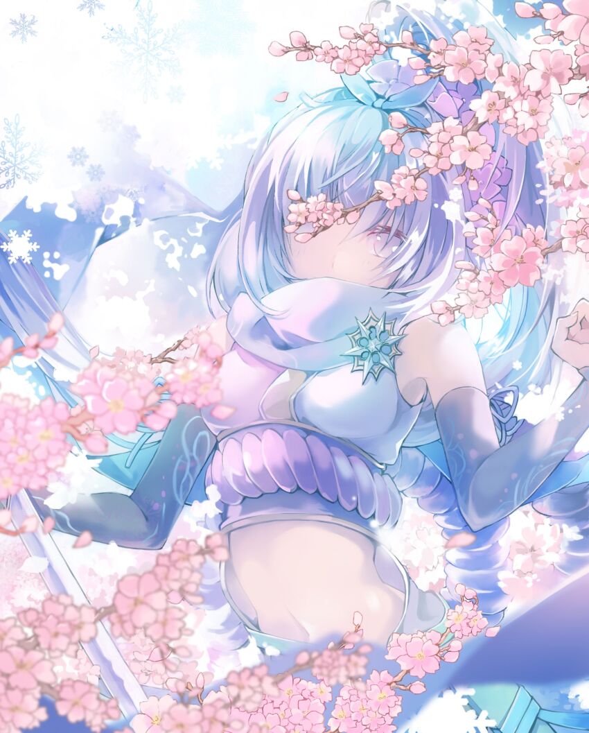 07touka25 1girl absurdres arm_warmers bare_shoulders blue_eyes blue_hair blue_hairband blue_scarf bow_hairband cherry_blossoms commentary_request covered_mouth falling_petals flower hair_flower hair_ornament hairband hands_up highres kousetsu_samonji_(tenka_hyakken) light_blue_hair long_hair looking_at_viewer midriff navel one_eye_covered petals rope scarf second-party_source shimenawa side_ponytail sleeveless snowflake_brooch snowflakes snowing solo tenka_hyakken