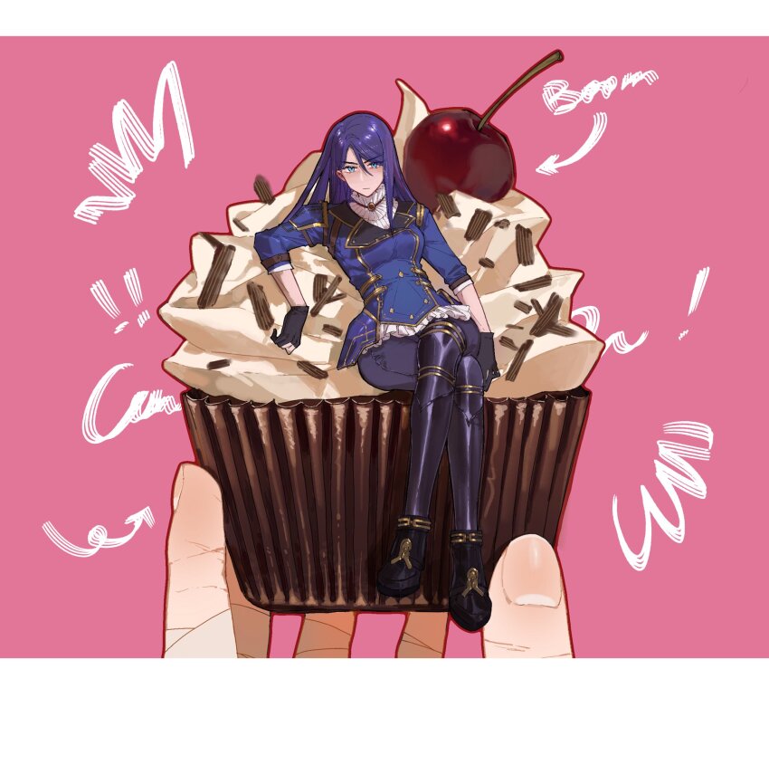 arcane:_league_of_legends arcane_caitlyn arcane_vi black_gloves blue_hair boots caitlyn_(league_of_legends) cherry cupcake food fruit gloves highres icing league_of_legends long_hair mini_person minigirl partially_fingerless_gloves pink_background shenhai_shenye sitting sprinkles vi_(league_of_legends)