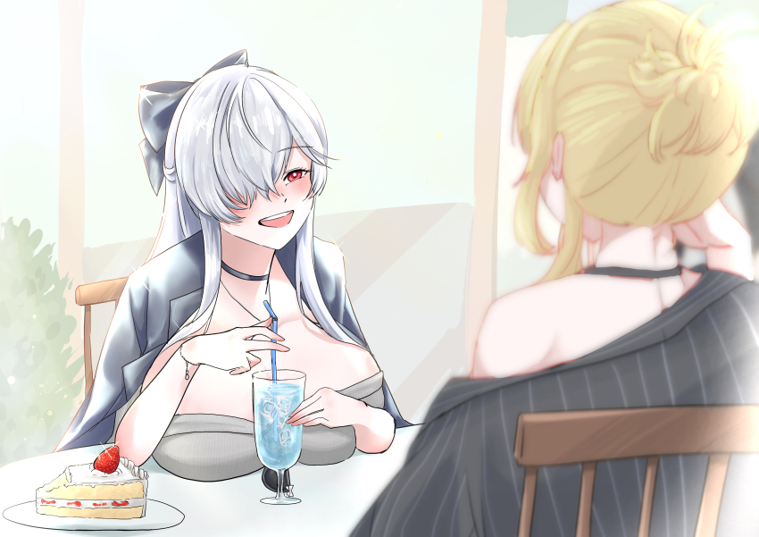 2girls absurdres bikini black_bikini black_jacket blonde_hair breasts cake choker cinderella_(beautiful_me)_(nikke) cinderella_(nikke) cleavage collar cross cross_choker dongtan_dress dress eyewear_hang food formal_clothes glasses goddess_of_victory:_nikke grave_(beautiful_you)_(nikke) grave_(nikke) grey_dress hair_over_one_eye highres jacket jacket_on_shoulders large_breasts leather_bikini long_hair metal_collar multiple_girls necklace_between_breasts nukomaronikke official_alternate_costume pinstripe_jacket pinstripe_pattern pinstripe_suit ponytail red_eyes short_ponytail soda strawberry_shortcake suit sunglasses swimsuit taut_clothes taut_dress unworn_eyewear very_long_hair white_hair
