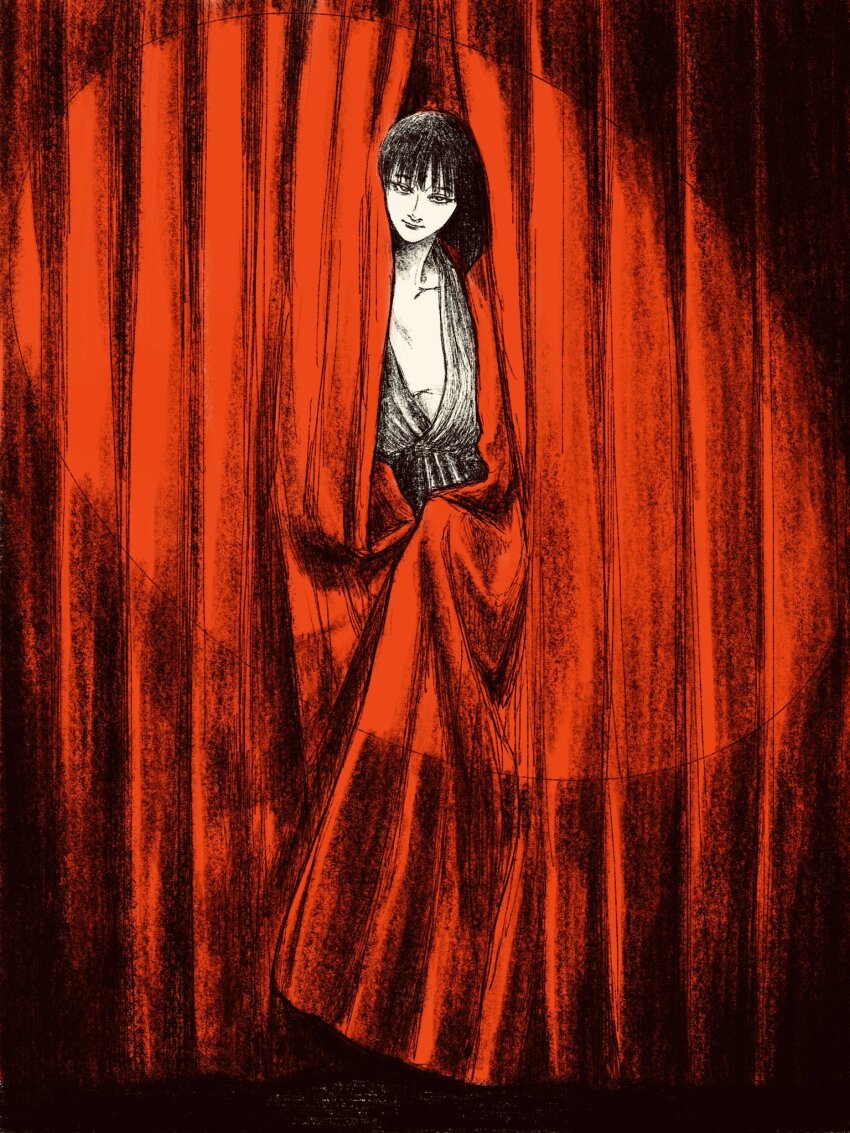 1girl black_hair curtains greyscale_with_colored_background highres long_hair looking_at_viewer original peeking robe solo spot_color stage_curtains tp_p_pt