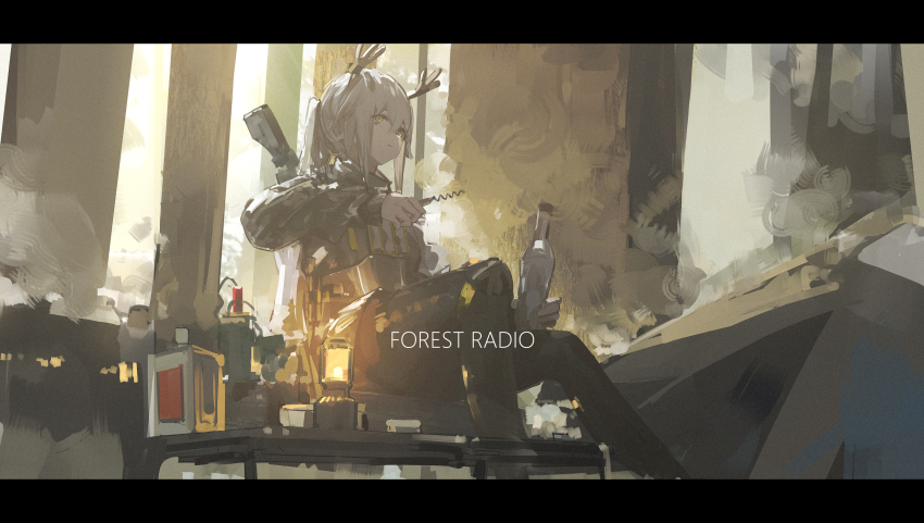 1girl alcxome antlers arknights bench black_pants black_shirt bottle bottle_opener bulletproof_vest chinese_commentary closed_mouth commentary commentary_request cork day deer_antlers english_commentary expressionless eyelashes feet_out_of_frame firewatch_(arknights) forest gun hair_between_eyes highres holding holding_bottle holding_tool horns lantern letterboxed long_hair long_sleeves looking_ahead machinery mixed-language_commentary nature outdoors pants ponytail puffy_long_sleeves puffy_sleeves shirt shotgun sitting solo straight_hair sunlight turtleneck turtleneck_shirt very_long_hair weapon weapon_on_back white_hair yellow_eyes