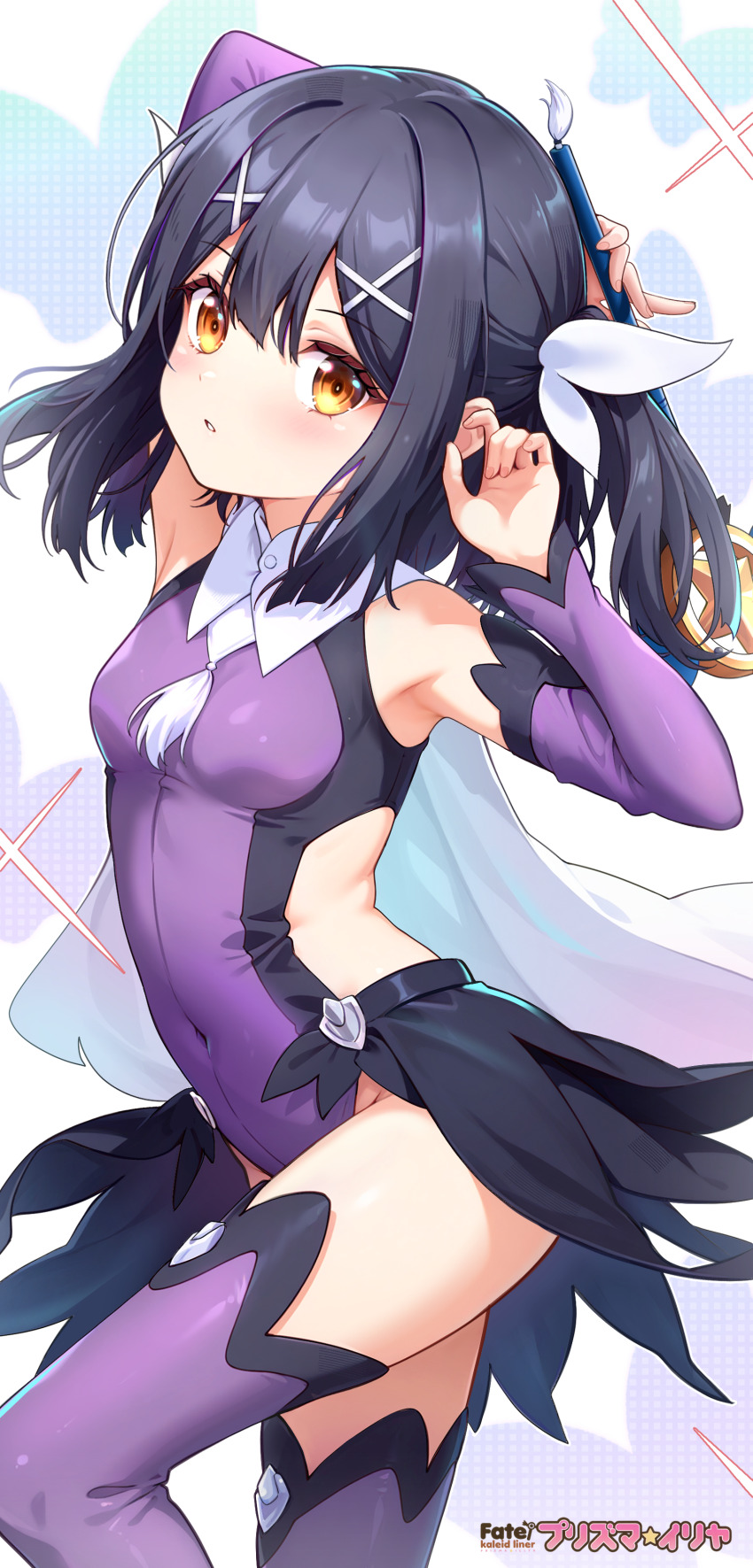 1girl absurdres armpits aviary bare_shoulders black_hair blush breasts brown_eyes covered_navel fate/grand_order fate/kaleid_liner_prisma_illya fate_(series) feather_hair_ornament feathers hair_between_eyes hair_ornament hairclip highres kaleidostick leotard long_hair looking_at_viewer magical_girl magical_sapphire miyu_edelfelt miyu_edelfelt_(magical_girl) open_mouth purple_leotard purple_sleeves purple_thighhighs revision sidelocks small_breasts solo thighhighs twintails x_hair_ornament