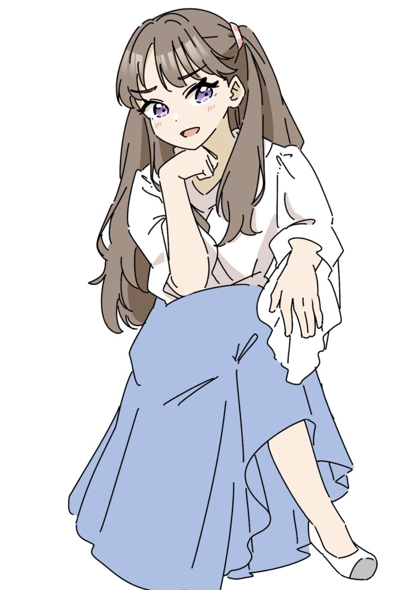 1girl :d anime_coloring blue_skirt brown_hair commentary_request crossed_legs fujishima_megumi fujishima_megumi_(summer_casual) full_body hand_on_own_chin highres link!_like!_love_live! llkapital long_hair long_skirt looking_at_viewer love_live! open_mouth purple_eyes shirt simple_background sitting skirt smile solo two_side_up v-shaped_eyebrows virtual_youtuber white_background white_shirt