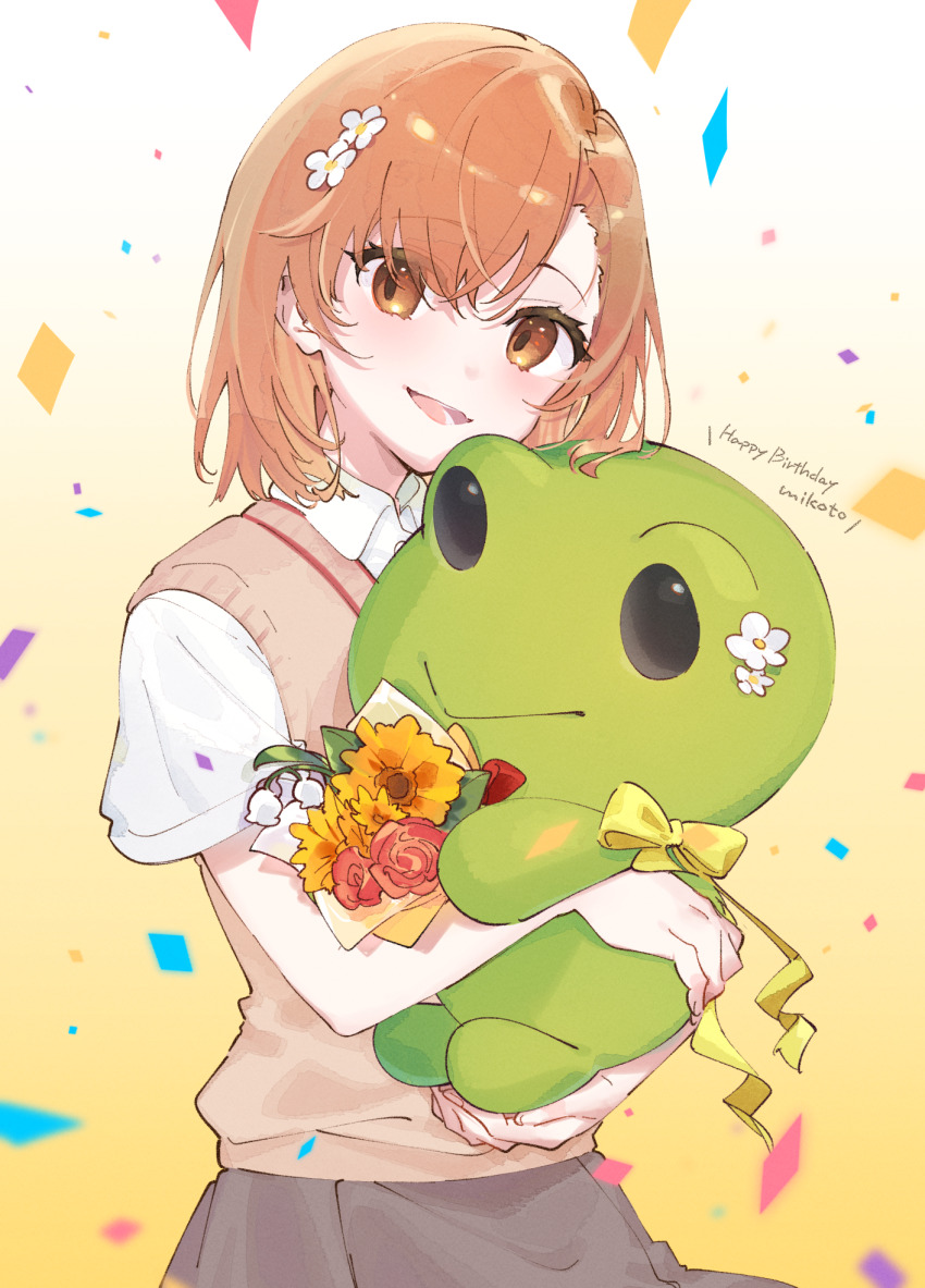 1girl asymmetrical_bangs bouquet brown_eyes brown_hair brown_sweater_vest collared_shirt confetti flower gekota gradient_background grey_skirt hair_ornament hairpin happy_birthday highres holding holding_stuffed_toy looking_at_viewer medium_hair miniskirt misaka_mikoto open_mouth orange_background pleated_skirt school_uniform shirt short_sleeves simple_background skirt smile stuffed_animal stuffed_frog stuffed_toy summer_uniform sweater_vest toaru_kagaku_no_railgun toaru_majutsu_no_index tokiwadai_school_uniform uninu white_shirt