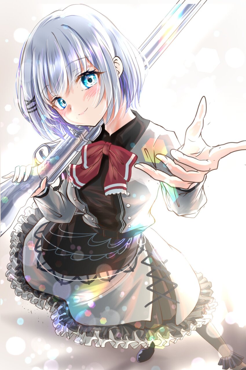 1girl black_shirt black_shoes black_skirt blue_eyes blush bow bowtie breasts closed_mouth collared_shirt elizabeth_tower grey_jacket grey_skirt gun hair_ornament hairclip highres holding holding_gun holding_weapon jacket kakikakilemon loafers long_sleeves looking_at_viewer musket open_clothes open_jacket pleated_skirt red_bow red_bowtie reflection shirt shoes short_hair siesta_(tantei_wa_mou_shindeiru) simple_background sitting skirt smile solo tantei_wa_mou_shindeiru weapon white_background white_hair x_hair_ornament