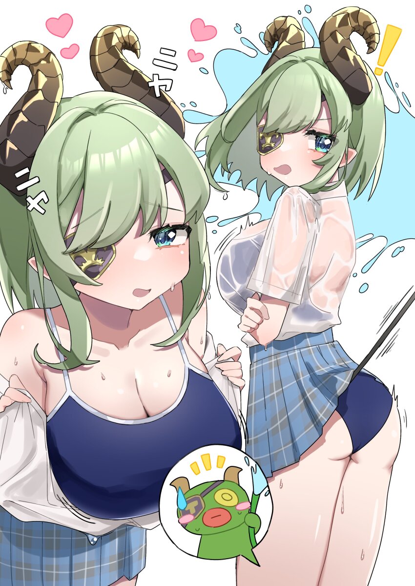 ! 1girl absurdres ass blush_stickers breasts brown_horns cleavage curled_horns demon_girl demon_horns eyepatch green_eyes green_hair heart highres horns large_breasts leaning_forward looking_at_viewer nanashi_inc. one-piece_swimsuit pleated_skirt school_swimsuit see-through_clothes see-through_shirt sekishiro_mico shirt sidelocks skirt swimsuit swimsuit_under_clothes tamotsu_(mary) thighs translation_request virtual_youtuber wet wet_clothes wet_shirt