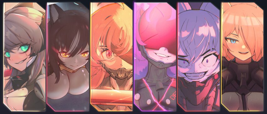 6+girls absurdres blue_eyes breasts chisaka_airi cosplay covered_eyes cow_girl crossover cyborg eyepatch fox_girl highres holding holding_sword holding_weapon kaneko_lumi large_breasts metal_gear_(series) metal_gear_rising:_revengeance miltaire94 multiple_girls muu_muyu phase_connect pink_eyes pink_hair pipkin_pippa purple_eyes rabbit_girl raiden_(metal_gear) rinkou_ashelia sundowner_(metal_gear_rising) sword tenma_maemi virtual_youtuber weapon white_hair yellow_eyes