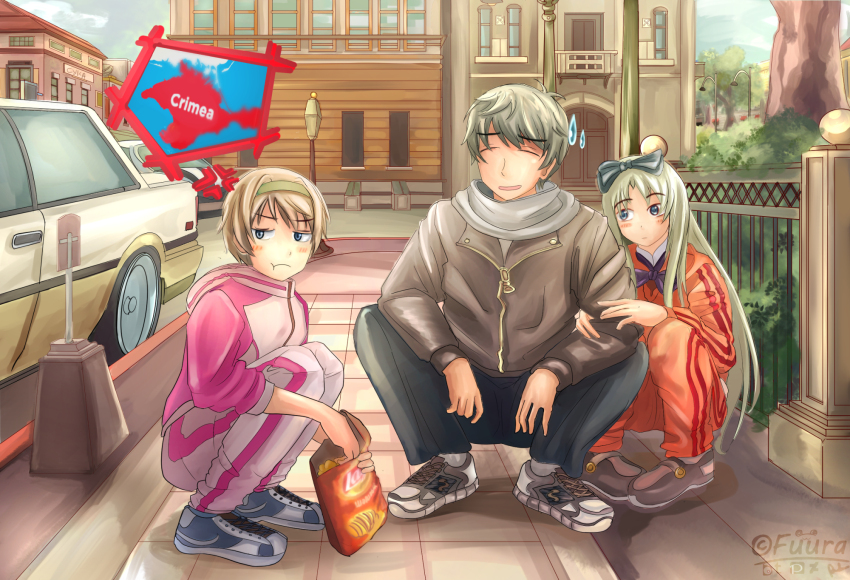 2girls axis_powers_hetalia belarus_(hetalia) blonde_hair blue_eyes bmw car closed_eyes eating fuura gopnik hair_ribbon highres lay&#039;s_(potato_chips) map motor_vehicle multiple_girls orange_track_suit pink_track_suit ribbon road russia_(hetalia) short_hair slav_squatting squatting street track_suit ukraine_(hetalia)
