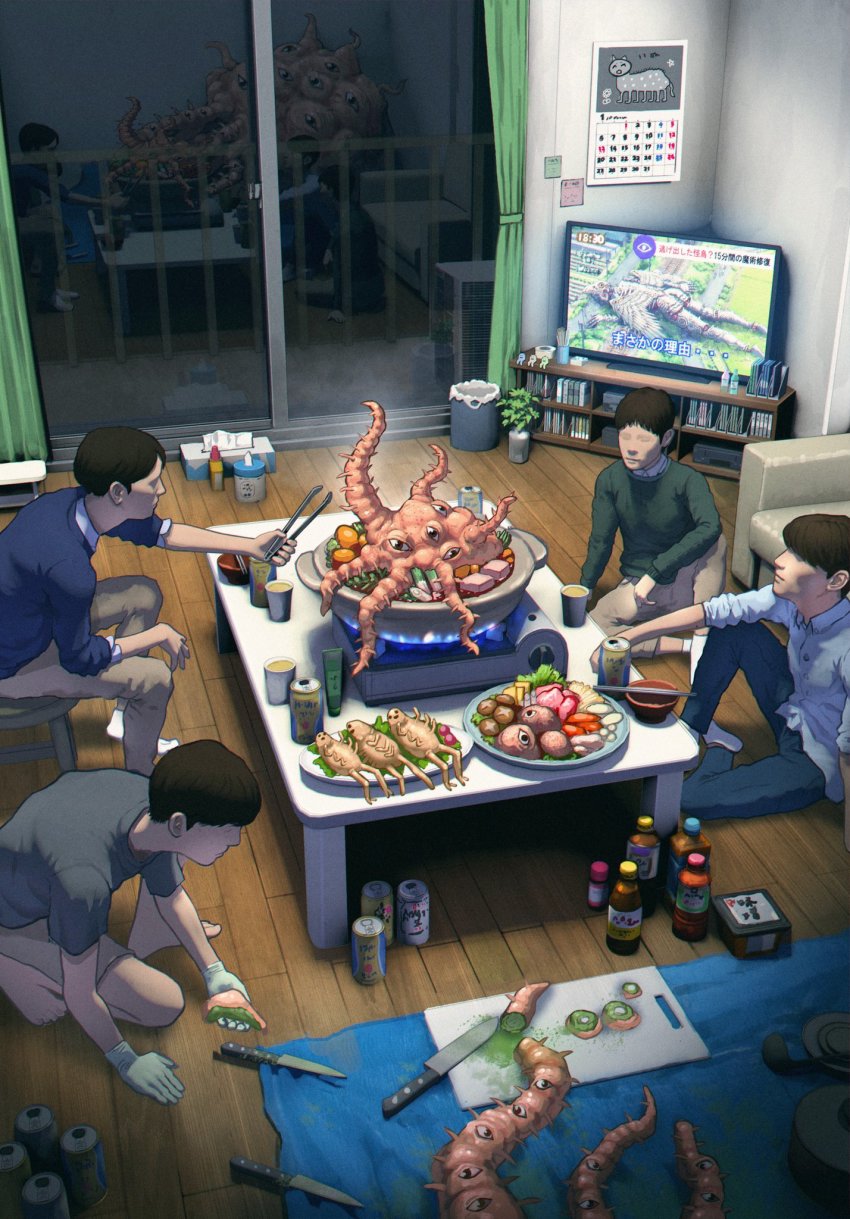 4boys artist_self-reference beer_can black_hair blood blue_sweater bottle bowl calendar_(object) can chair chopsticks colored_blood commentary cooking creature cup cutting_board disposable_cup drink drink_can english_translation extra_arms extra_eyes faceless faceless_male food glass_door gloves green_blood green_sweater highres holding holding_tongs hotpot indoors kiginobiru_(hayapi) knife meal monster multiple_boys mushroom night no_eyes on_one_knee original outstretched_arm plant plate portable_stove potted_plant reflection shiitake shirt shorts sitting sliding_doors sweater television tentacles tissue_box tongs translated trash_can vegetable white_gloves white_shirt wooden_floor
