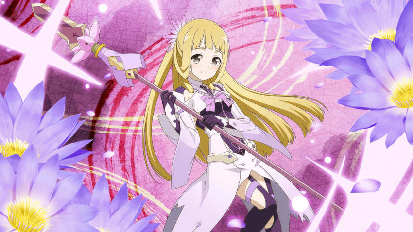 blonde_hair bow bowtie falling_petals flower grey_eyes hair_flower hair_ornament holding holding_polearm holding_weapon long_hair lotus magical_girl nogi_sonoko official_art petals polearm purple_bow purple_bowtie smile spear thighhighs weapon yuuki_yuuna_wa_yuusha_de_aru yuuki_yuuna_wa_yuusha_de_aru:_hanayui_no_kirameki yuusha_de_aru